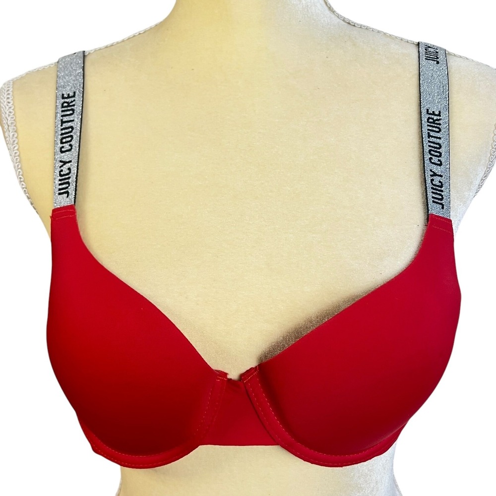 Juicy Couture Push Up‎ Bra Sparkle Logo Straps Red Lingerie Size 36B Solid